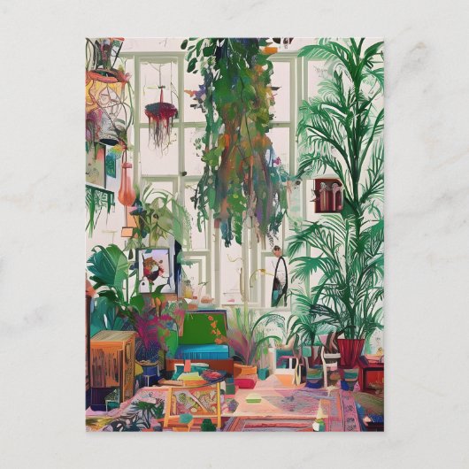 植物でいっぱいのボホリビングルーム ポストカード (正面)