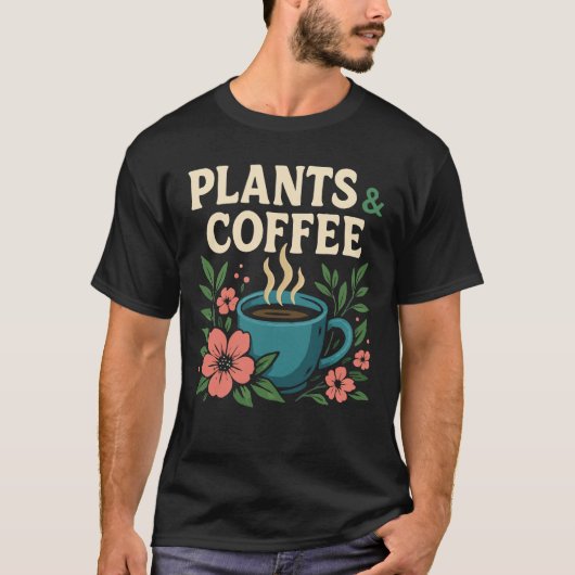 植物とコーヒーの温かいボタニカルデザインのコージー Tシャツ (正面)