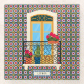 植物とタイルを持つリスボンハウスウィンドウ ガラスコースター (正面)