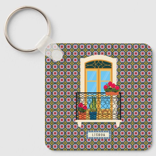 植物とタイルを持つリスボンハウスウィンドウ キーホルダー (正面)