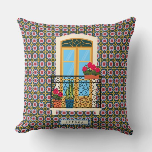 植物とタイルを持つリスボンハウスウィンドウ クッション (正面)