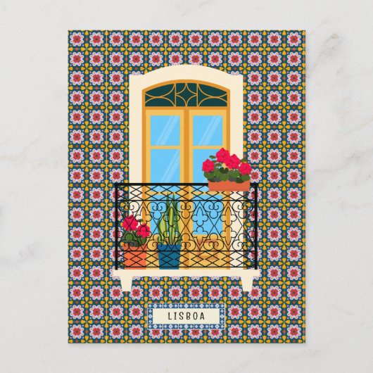 植物とタイルを持つリスボンハウスウィンドウ ポストカード (正面)