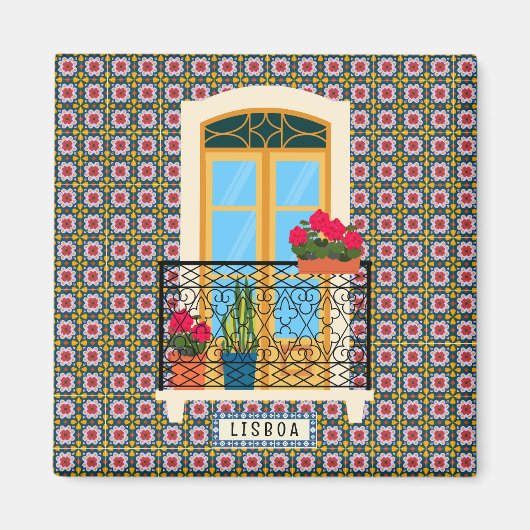 植物とタイルを持つリスボンハウスウィンドウ マグネット (正面)