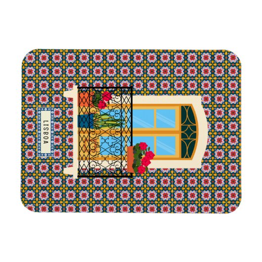 植物とタイルを持つリスボンハウスウィンドウ マグネット (横)