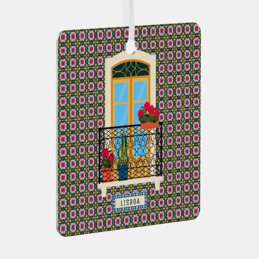 植物とタイルを持つリスボンハウスウィンドウ メタルオーナメント (正面右)