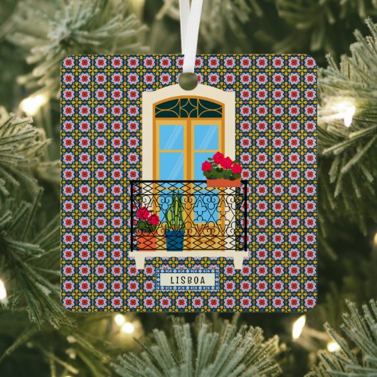 植物とタイルを持つリスボンハウスウィンドウ メタルオーナメント (インサイチュ)
