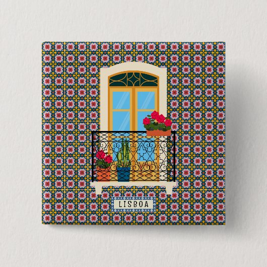 植物とタイルを持つリスボンハウスウィンドウ 缶バッジ (正面)