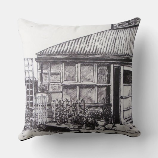 植物とフェンシングを持つ庭の犬のスケッチ クッション (裏面)