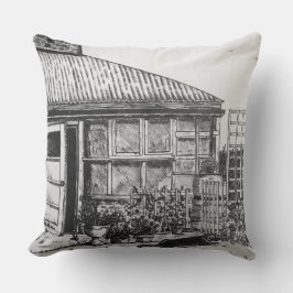 植物とフェンシングを持つ庭の犬のスケッチ クッション