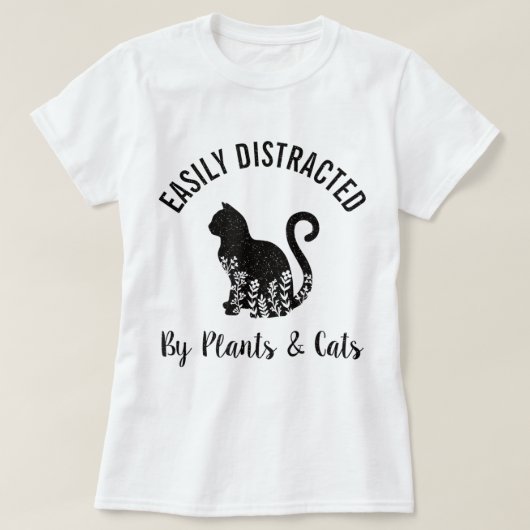 植物と猫に気を取られるデザイン Tシャツ (デザイン正面)