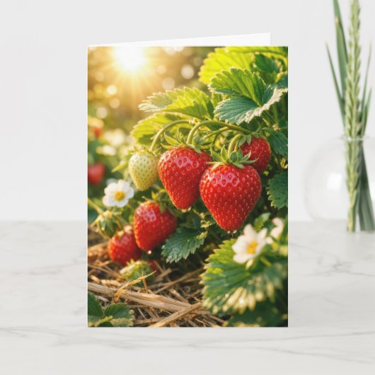 植物に吊るされたイチゴの誕生日 カード (正面)