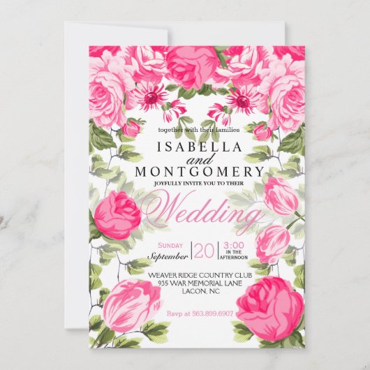 植物のかわいらしいピンクの花の結婚式 招待状 (正面)