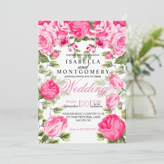 植物のかわいらしいピンクの花の結婚式 招待状 (スタンド正面)