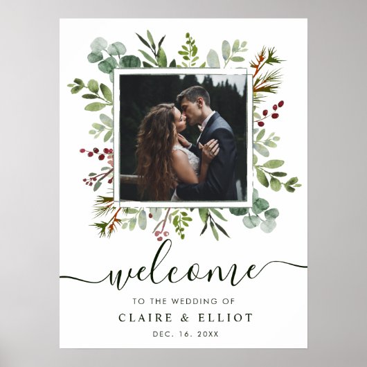 植物のクリスマスウェディングウェルカムフォトグリーン ポスター (正面)