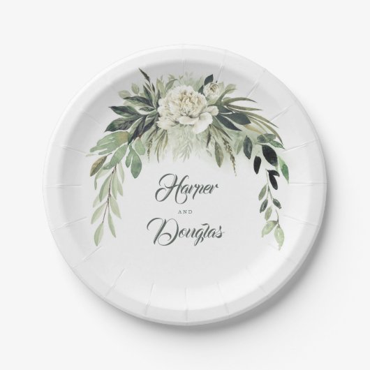 植物のグリーンがかった花冠 ヴィンテージ・ウォーターカラー ペーパープレート (正面)