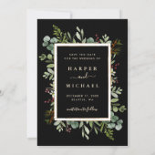 植物のグリーンと冬の結婚式の写真 黒 セーブザデート (裏面)