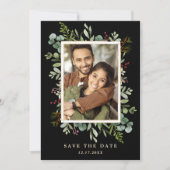 植物のグリーンの冬の結婚式の写真 黒 セーブザデート (正面)