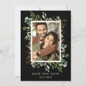 植物のグリーン ウインター ウェディング フォト ブラック セーブザデート (正面)