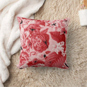 植物のチェリーレッドのヴィンテージ及び虫の花柄Toile クッション (ブランケット)