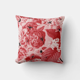 植物のチェリーレッドのヴィンテージ及び虫の花柄Toile クッション