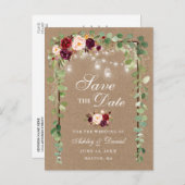 植物のバーガンディの花柄の保存日付クラフト 案内ポストカード (正面/裏面)