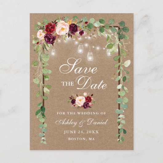 植物のバーガンディの花柄の保存日付クラフト 案内ポストカード (正面)