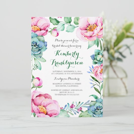 植物のピンクの花の水彩画のブライダルシャワー 招待状 (スタンド正面)