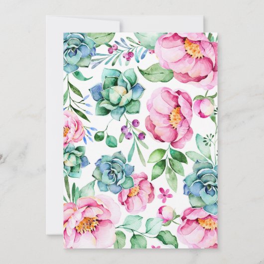 植物のピンクの花の水彩画のブライダルシャワー 招待状 (裏面)