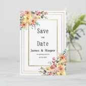 植物のピンクオレンジゴールドの花Save the Date 招待状 (スタンド正面)
