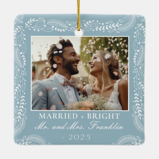 植物のフレーム写真1stクリスマス結婚した セラミックオーナメント (裏面)