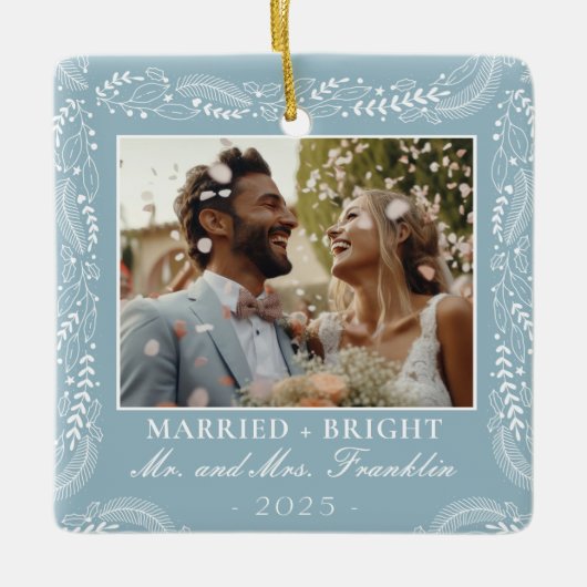 植物のフレーム写真1stクリスマス結婚した セラミックオーナメント (正面)
