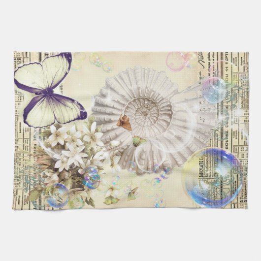 植物のベージュヴィンテージの蝶貝殻のフランス語 キッチンタオル (横)