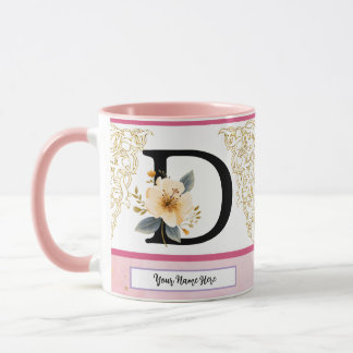 植物のモチーフが可愛いD文字マグカップ - 柔らかな花のイニシャルと マグカップ