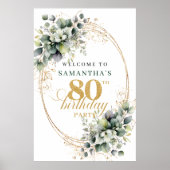 植物のモチーフを使った80歳の誕生日お祝いサイン - グリーンとゴールド ポスター (正面)