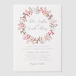 植物のユーカリの緑の葉のリースの結婚式 ベラム紙招待状