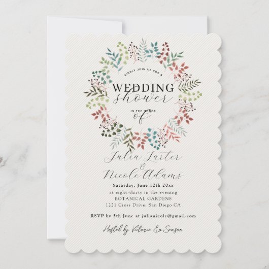 植物のユーカリの葉のリース ウェディングシャワー 招待状 (正面)