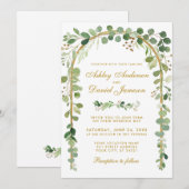 植物のユーカリ グリーン ウェディング ゴールド アーチ W 招待状 (正面/裏面)