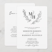 植物のラウレルリースQRコードモノグラム結婚式I 招待状 (正面/裏面)