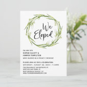 植物のリースと"We Eloped"タイポグラフィーデザインの結婚式後向けグッズ 招待状 (スタンド正面)