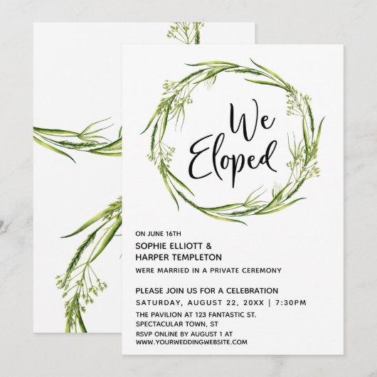 植物のリースと"We Eloped"タイポグラフィーデザインの結婚式後向けグッズ 招待状 (正面/裏面)