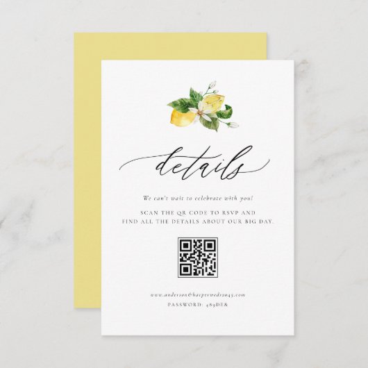 植物のレモンとグリーン QR コード 詳細 エンクロージャーカード (正面/裏面)