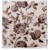 植物のヴィンテージのセピア色ブラウン及び虫の花柄Toile シャワーカーテン (正面)