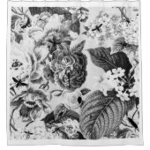 植物のヴィンテージの白黒及び虫の花柄Toile シャワーカーテン (正面)