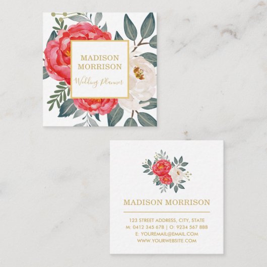 植物のヴィンテージの赤いシャクヤク/モダン スクエア名刺 (正面/裏面)