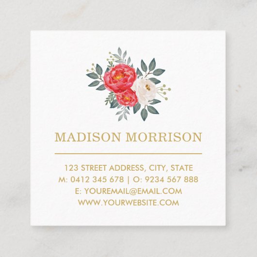 植物のヴィンテージの赤いシャクヤク/モダン スクエア名刺 (裏面)
