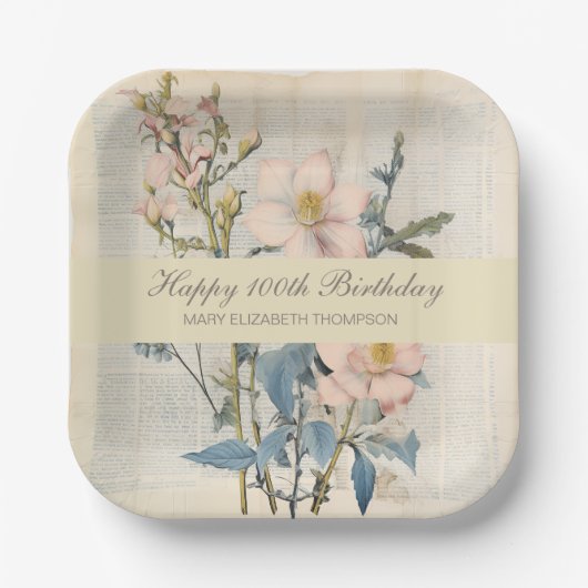 植物のヴィンテージ風ワイルドフラワー 100歳の誕生日 ペーパープレート (正面)