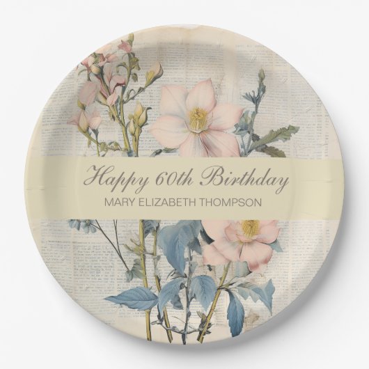植物のヴィンテージ風ワイルドフラワー 60歳の誕生日 ペーパープレート (正面)
