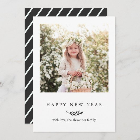 植物の冬ストライプの明けましておめでとうの写真と シーズンカード (正面/裏面)