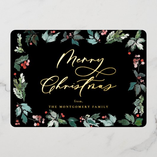 植物の実フレーム フェスティブ クリスマス スクリプト 箔シーズンカード (正面)