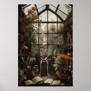 植物の廃れた図書館のプリントにいる骸骨 ポスター